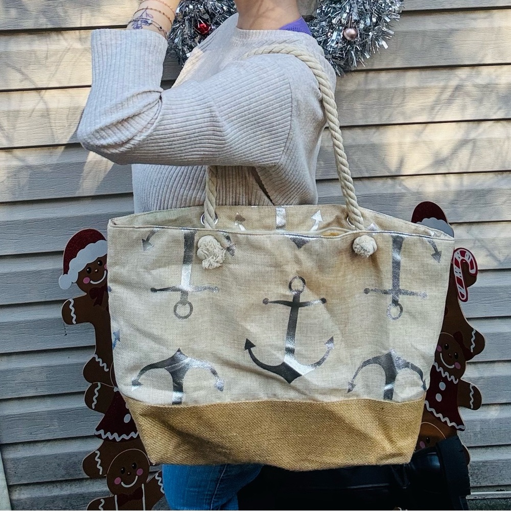Nautical Anchor Print Tote Bag - Tan and Cream